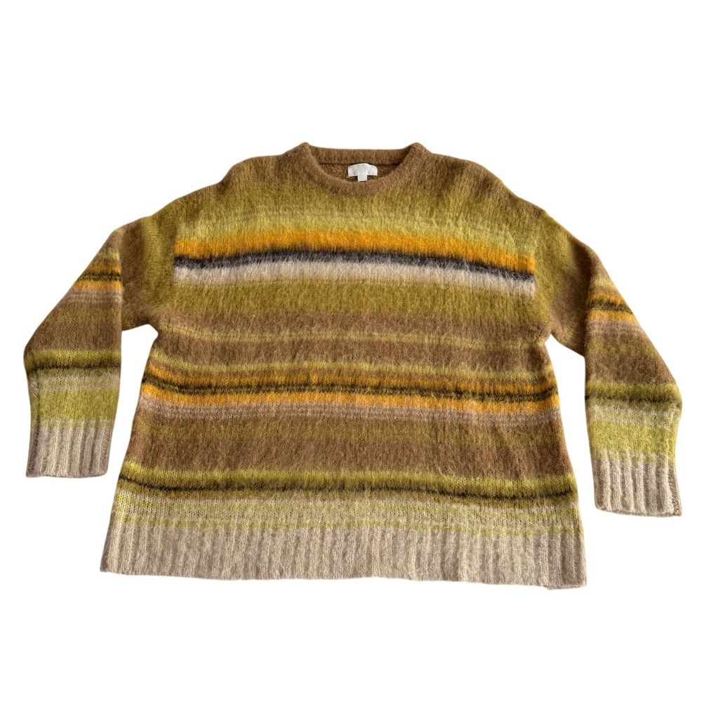 EVERY Wool‎ Blend Furry Greens Yellows Striped Boxy Crew Neck Sweater M